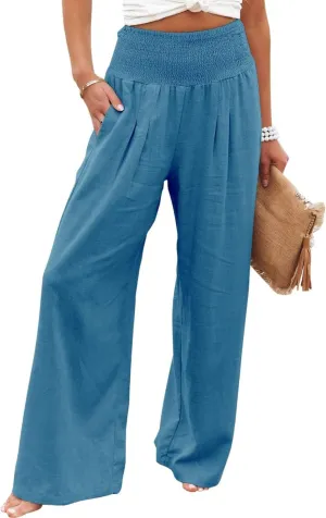 Womens Linen Palazzo Pants Boho Summer Lounge Pant Wide Leg High Waist Casual Pants Beach Travel Vacation Outfits