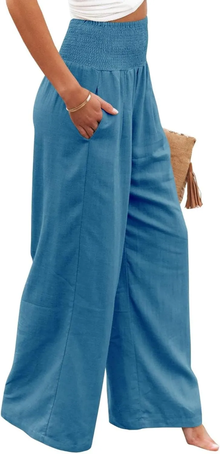 Womens Linen Palazzo Pants Boho Summer Lounge Pant Wide Leg High Waist Casual Pants Beach Travel Vacation Outfits