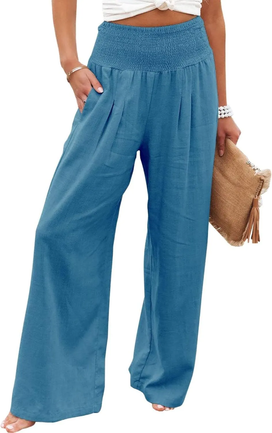 Womens Linen Palazzo Pants Boho Summer Lounge Pant Wide Leg High Waist Casual Pants Beach Travel Vacation Outfits