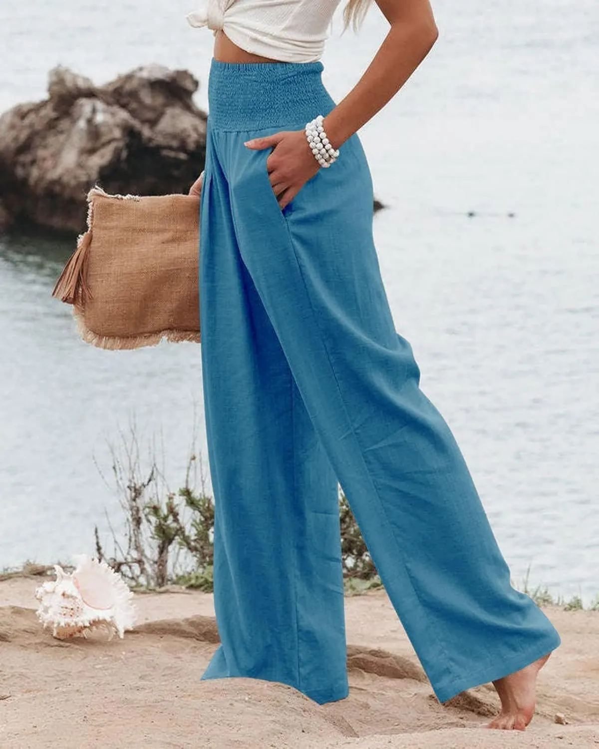 Womens Linen Palazzo Pants Boho Summer Lounge Pant Wide Leg High Waist Casual Pants Beach Travel Vacation Outfits