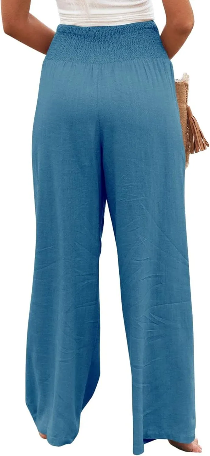 Womens Linen Palazzo Pants Boho Summer Lounge Pant Wide Leg High Waist Casual Pants Beach Travel Vacation Outfits