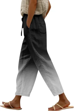 Womens Linen Pants with Pockets High Waist Straight Leg Drawstring Tie Dye Pants Casua Lightweight Loose Trousers