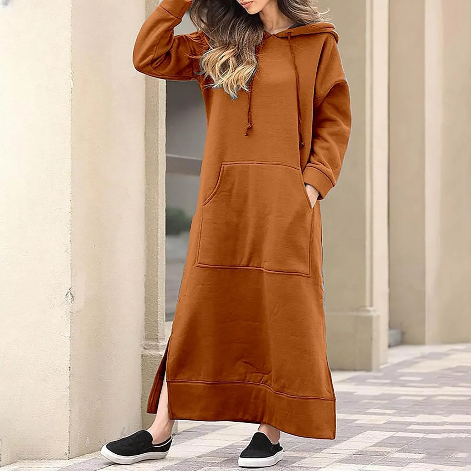 Womens Long Sleeve Hoodies Casual Maxi Length Hooded Dress with Drawstring and Pocket S-5XL
