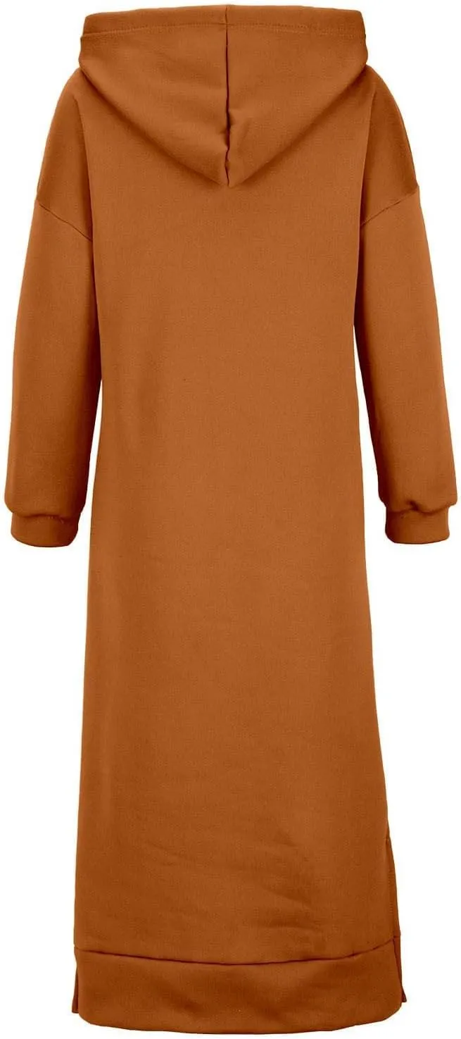 Womens Long Sleeve Hoodies Casual Maxi Length Hooded Dress with Drawstring and Pocket S-5XL