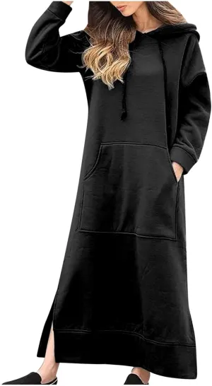 Womens Long Sleeve Hoodies Casual Maxi Length Hooded Dress with Drawstring and Pocket S-5XL