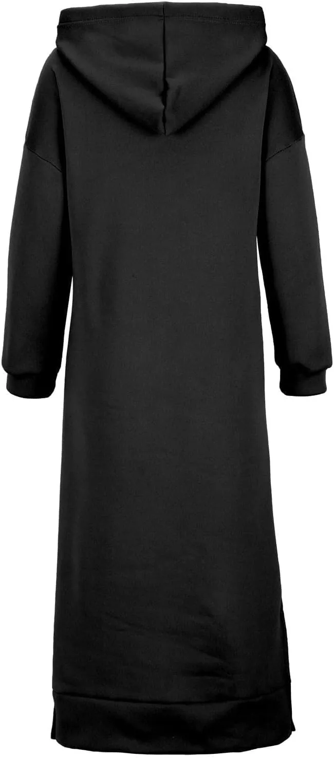 Womens Long Sleeve Hoodies Casual Maxi Length Hooded Dress with Drawstring and Pocket S-5XL