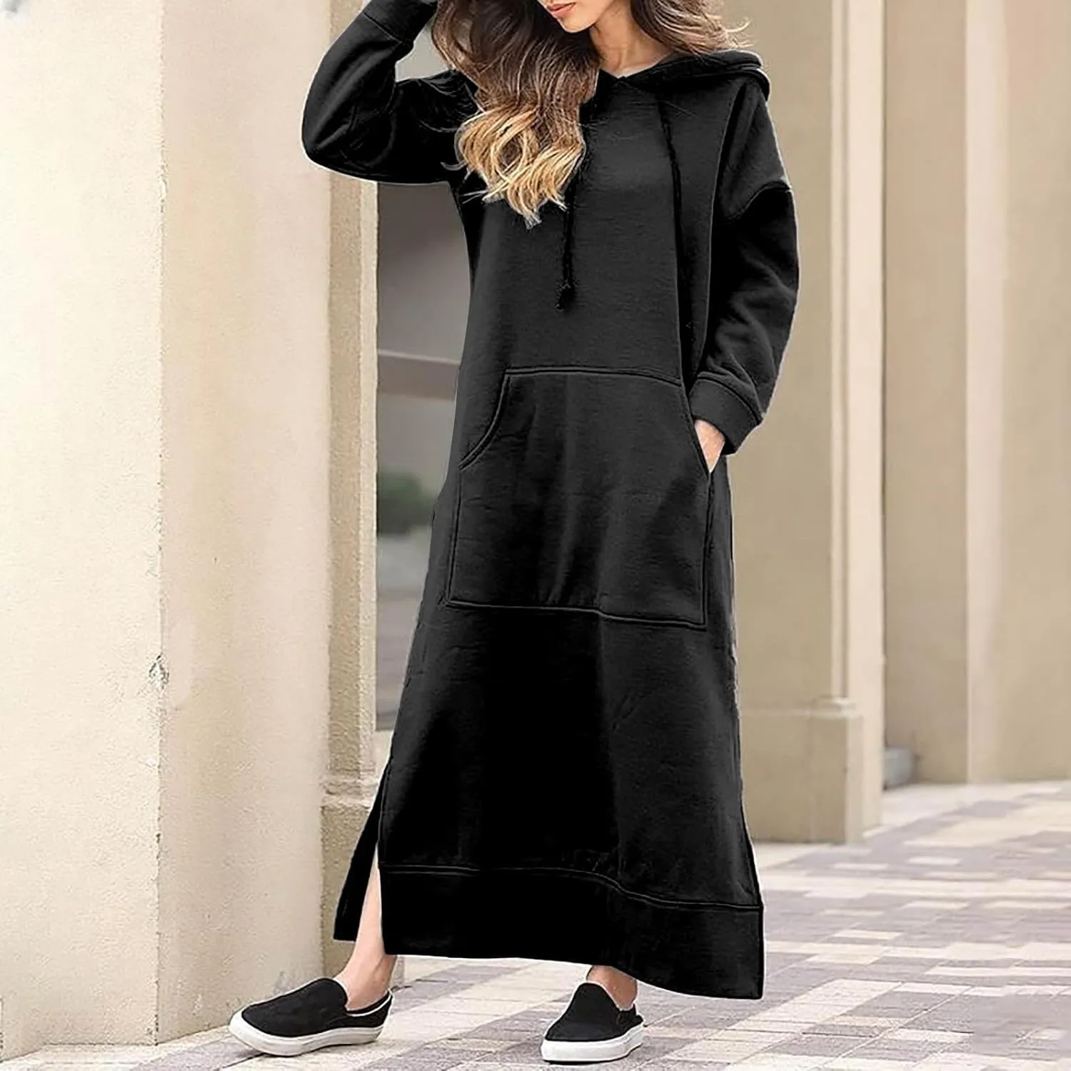Womens Long Sleeve Hoodies Casual Maxi Length Hooded Dress with Drawstring and Pocket S-5XL