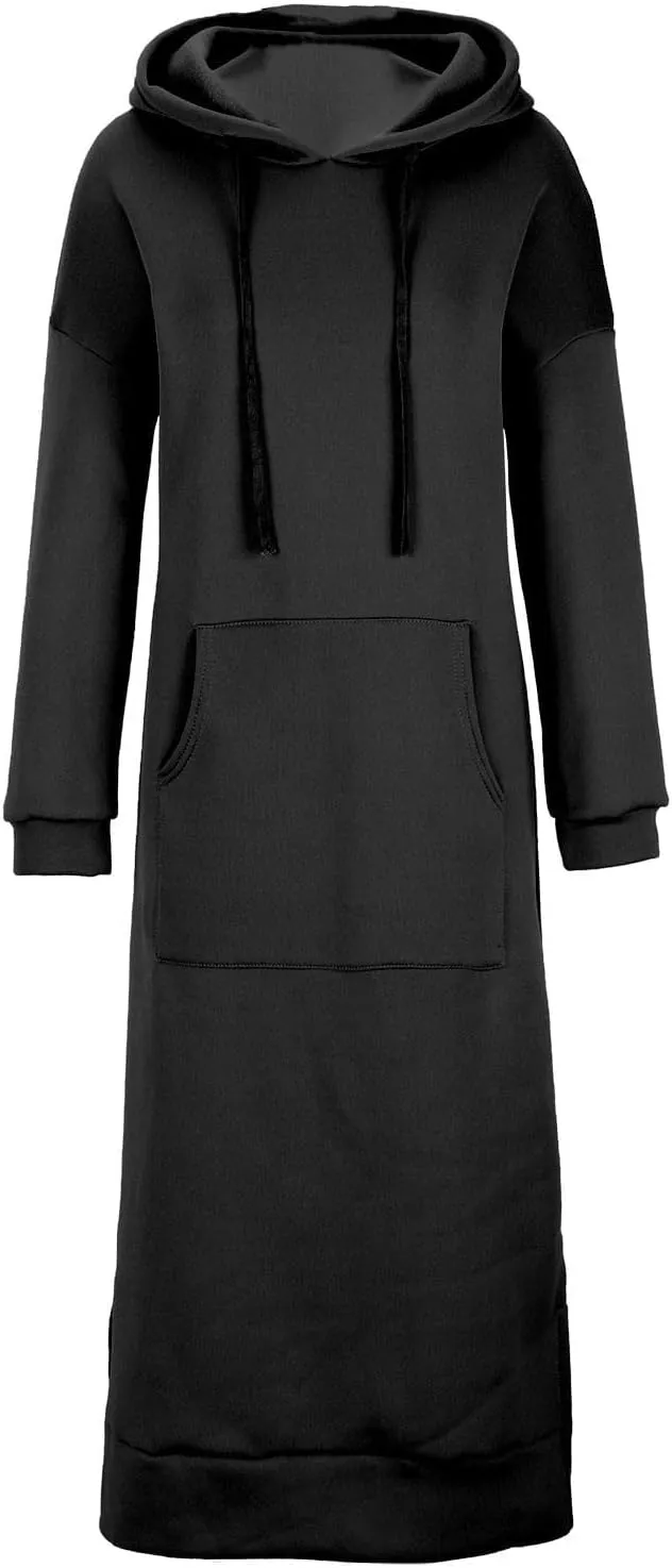 Womens Long Sleeve Hoodies Casual Maxi Length Hooded Dress with Drawstring and Pocket S-5XL