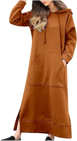 Womens Long Sleeve Hoodies Casual Maxi Length Hooded Dress with Drawstring and Pocket S-5XL