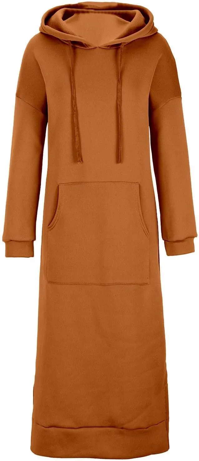 Womens Long Sleeve Hoodies Casual Maxi Length Hooded Dress with Drawstring and Pocket S-5XL