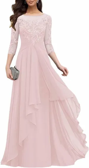 Women's Long Sleeves Mother of The Bride Dresses for Wedding Jewel Lace Chiffon A-Line Formal Evening Gowns