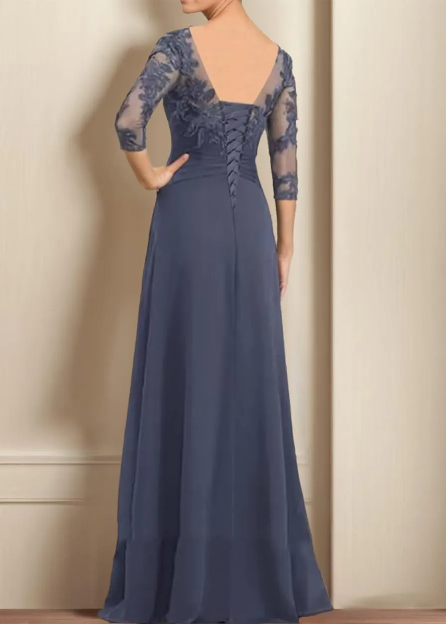 Women's Long Sleeves Mother of The Bride Dresses for Wedding Jewel Lace Chiffon A-Line Formal Evening Gowns