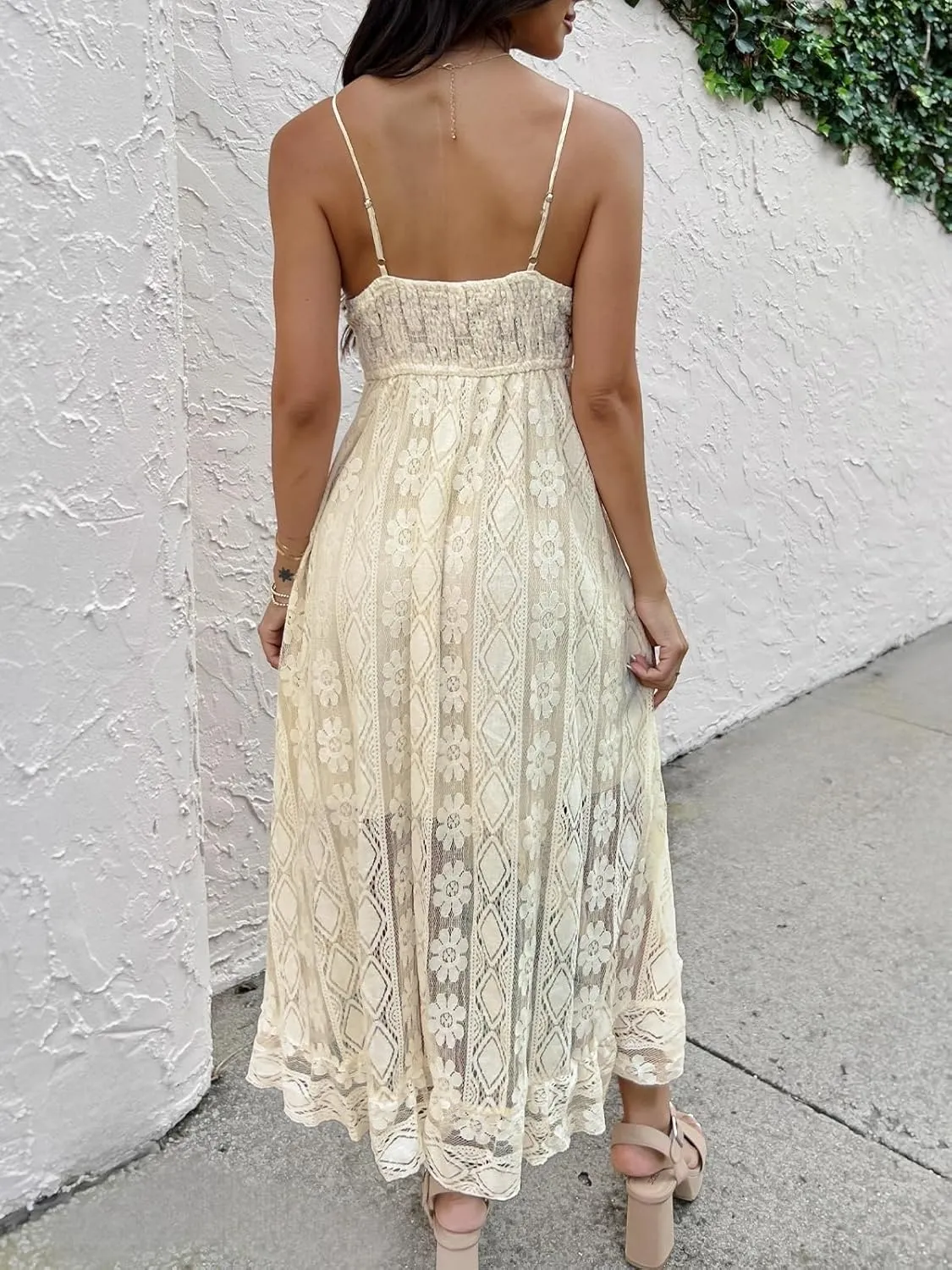 Women's Maxi Dress Lace Dresses Boho Tassel V-Neck Flare Ruffle Adjustable Straps Beach Summer Long Dress