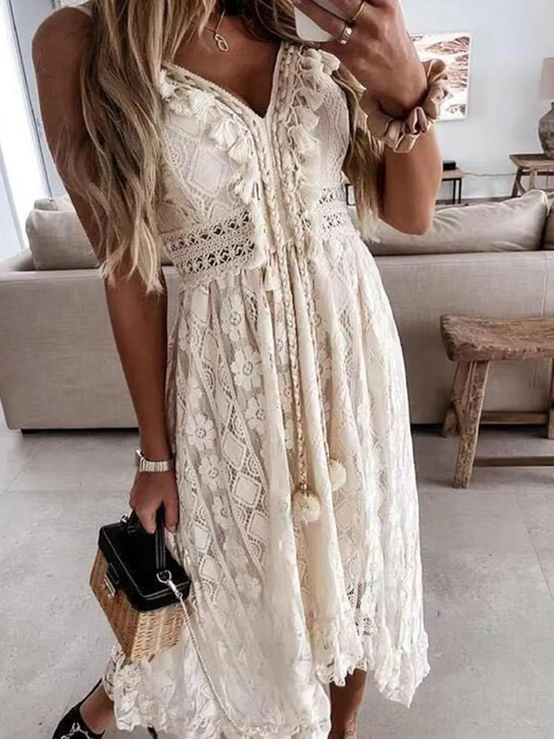 Women's Maxi Dress Lace Dresses Boho Tassel V-Neck Flare Ruffle Adjustable Straps Beach Summer Long Dress