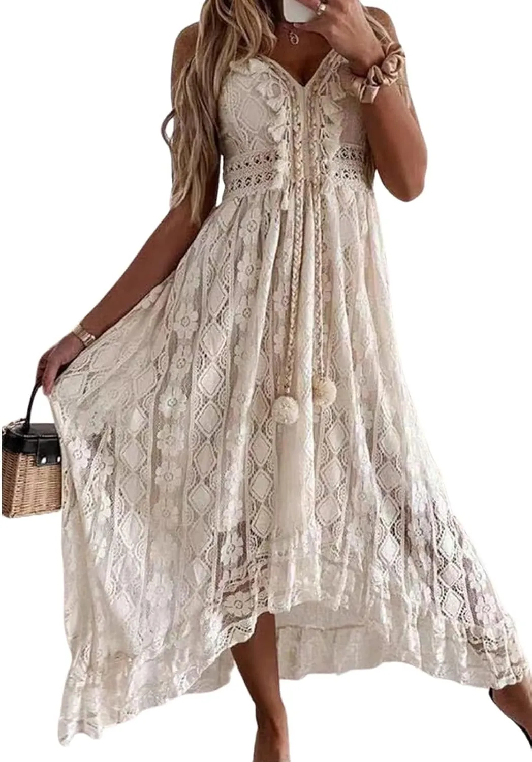 Women's Maxi Dress Lace Dresses Boho Tassel V-Neck Flare Ruffle Adjustable Straps Beach Summer Long Dress