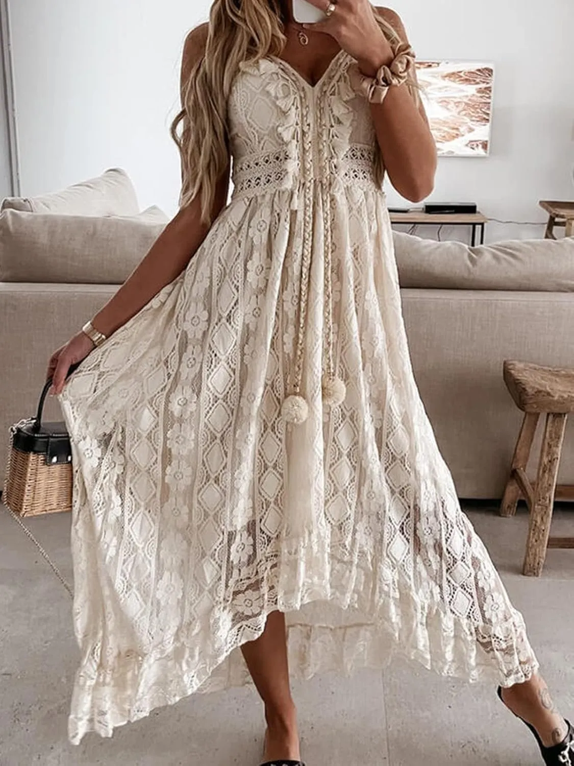 Women's Maxi Dress Lace Dresses Boho Tassel V-Neck Flare Ruffle Adjustable Straps Beach Summer Long Dress