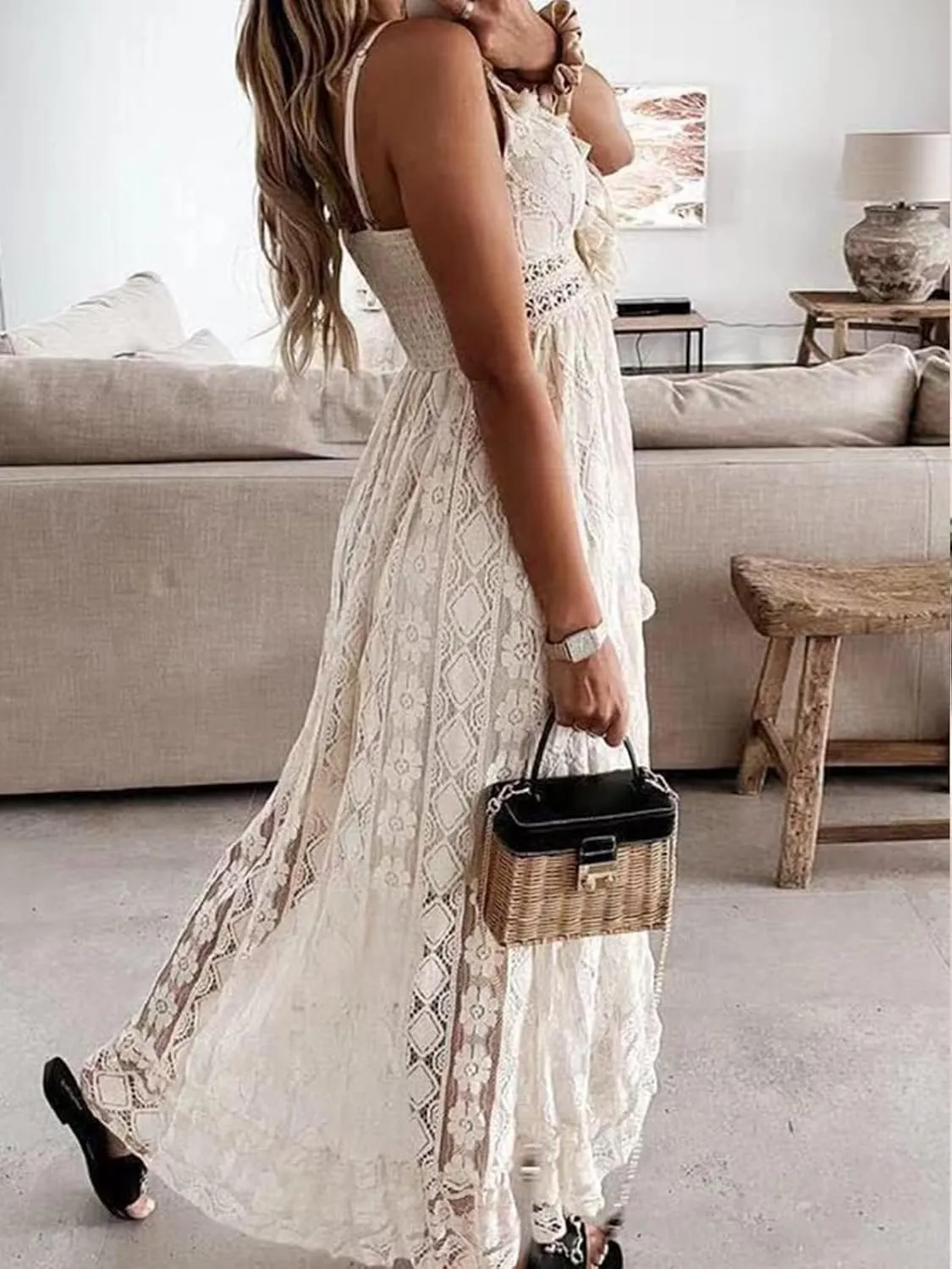 Women's Maxi Dress Lace Dresses Boho Tassel V-Neck Flare Ruffle Adjustable Straps Beach Summer Long Dress