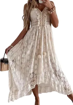 Women's Maxi Dress Lace Dresses Boho Tassel V-Neck Flare Ruffle Adjustable Straps Beach Summer Long Dress