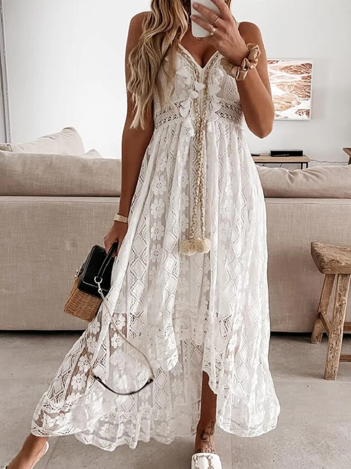 Women's Maxi Dress Lace Dresses Boho Tassel V-Neck Flare Ruffle Adjustable Straps Beach Summer Long Dress