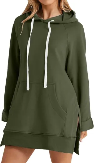 Women's Oversized Casual Pullover Long Sleeve Split Hem Drawstring Hoodies Dress, Long Hoodies for Women with Pocket