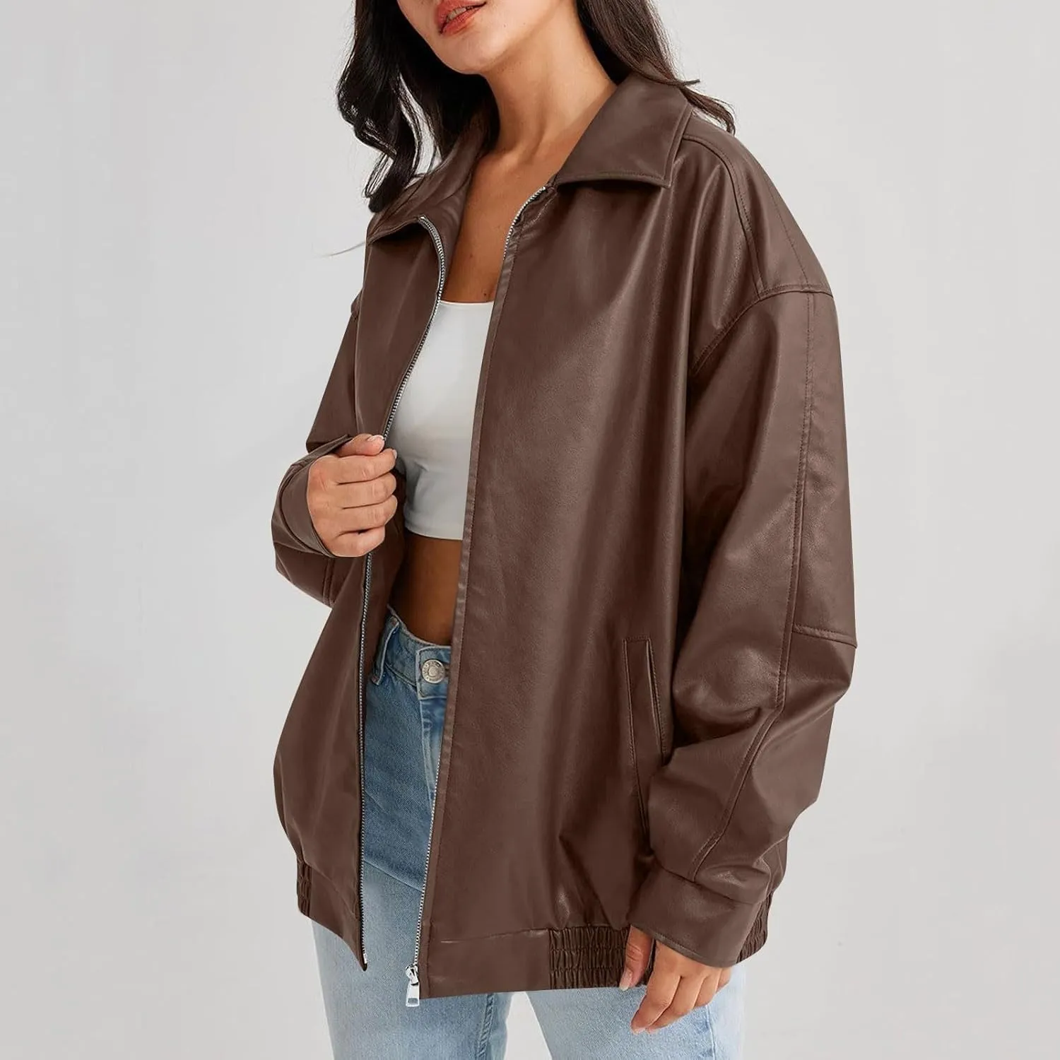 Womens Oversized Faux Leather Jacket Full Zip Up Long Sleeve Casual Motorcycle Outwear Faux Suede Bomber Jackets