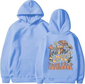 Womens Oversized Hoodie Love Yourself Print Top Sweatshirt Cotton Fleece Hoodies for Women