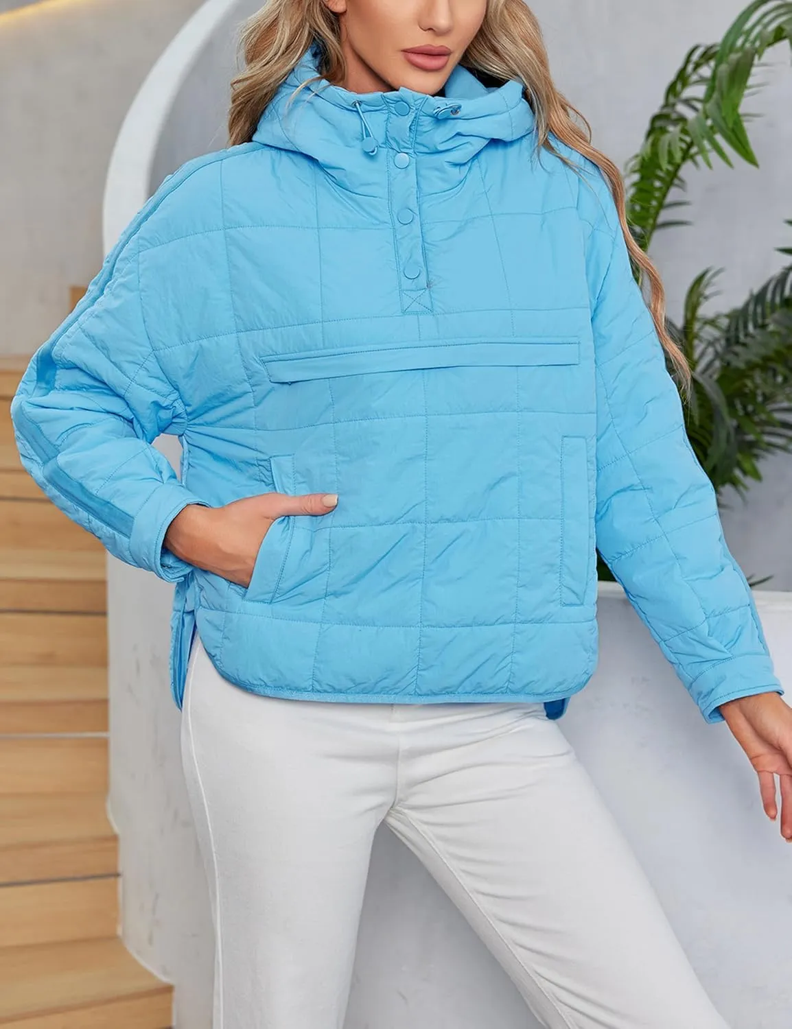 Women's Packable Quilted Puffer Jacket Oversized Lightweight Puffy Pullover Coat Outwear Hoodies with Pockets