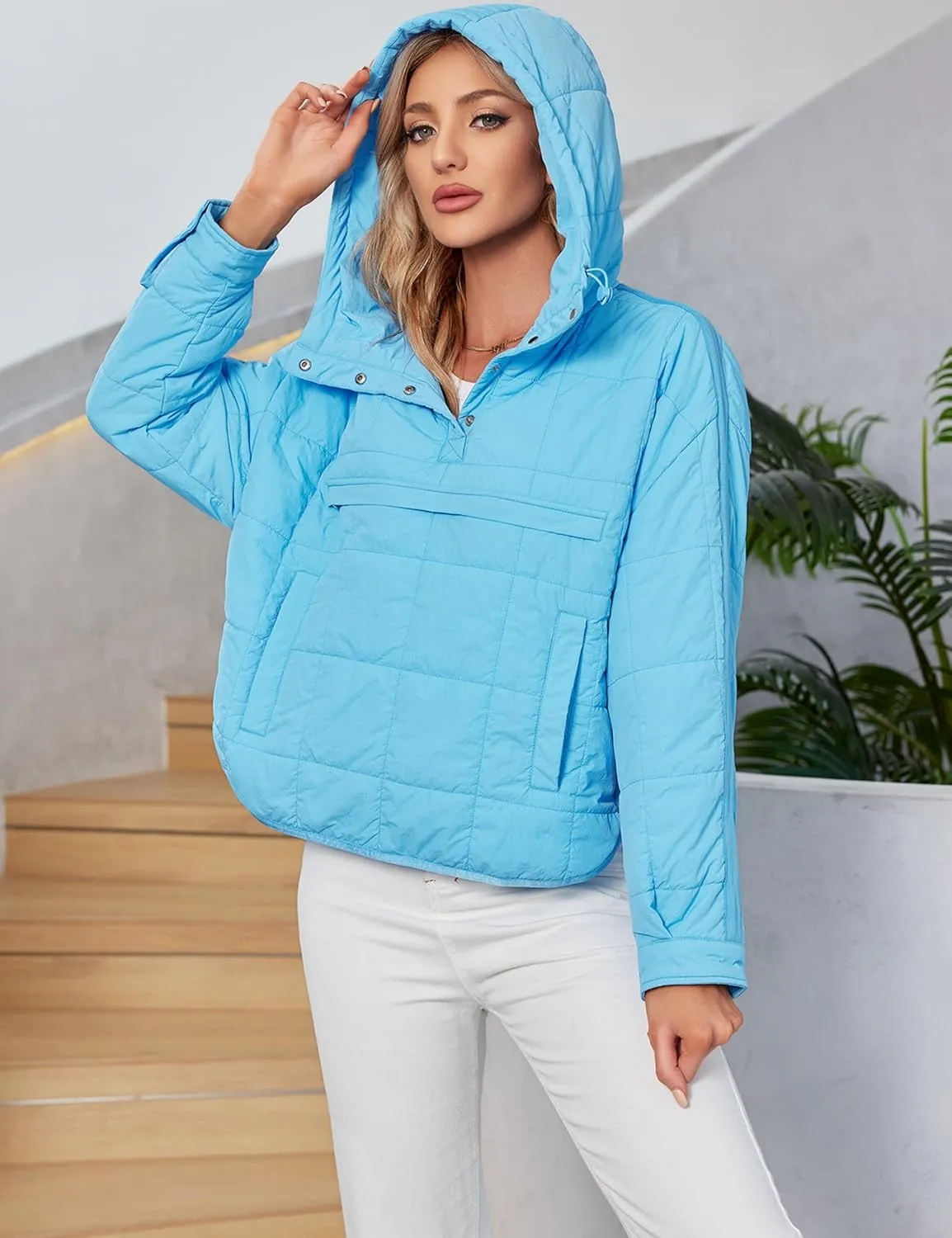 Women's Packable Quilted Puffer Jacket Oversized Lightweight Puffy Pullover Coat Outwear Hoodies with Pockets
