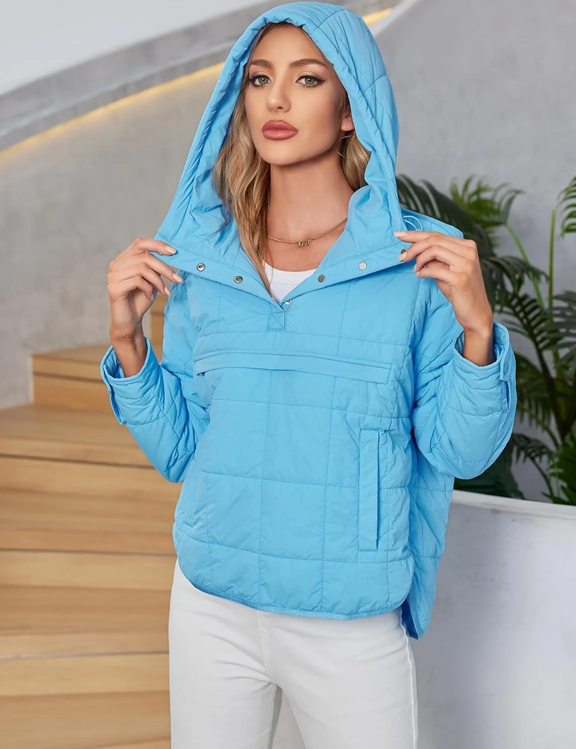 Women's Packable Quilted Puffer Jacket Oversized Lightweight Puffy Pullover Coat Outwear Hoodies with Pockets