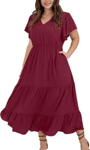 Womens Plus Size Dress V Neck Smocked Elastic Waist Short Sleeve Mini Dress Flutter Short Sundress
