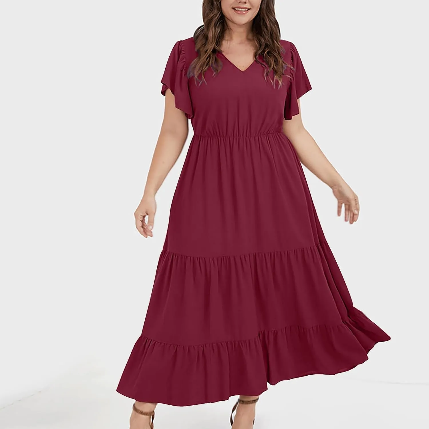 Womens Plus Size Dress V Neck Smocked Elastic Waist Short Sleeve Mini Dress Flutter Short Sundress