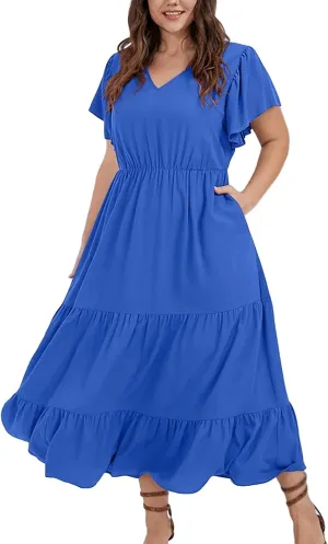 Womens Plus Size Dress V Neck Smocked Elastic Waist Short Sleeve Mini Dress Flutter Short Sundress