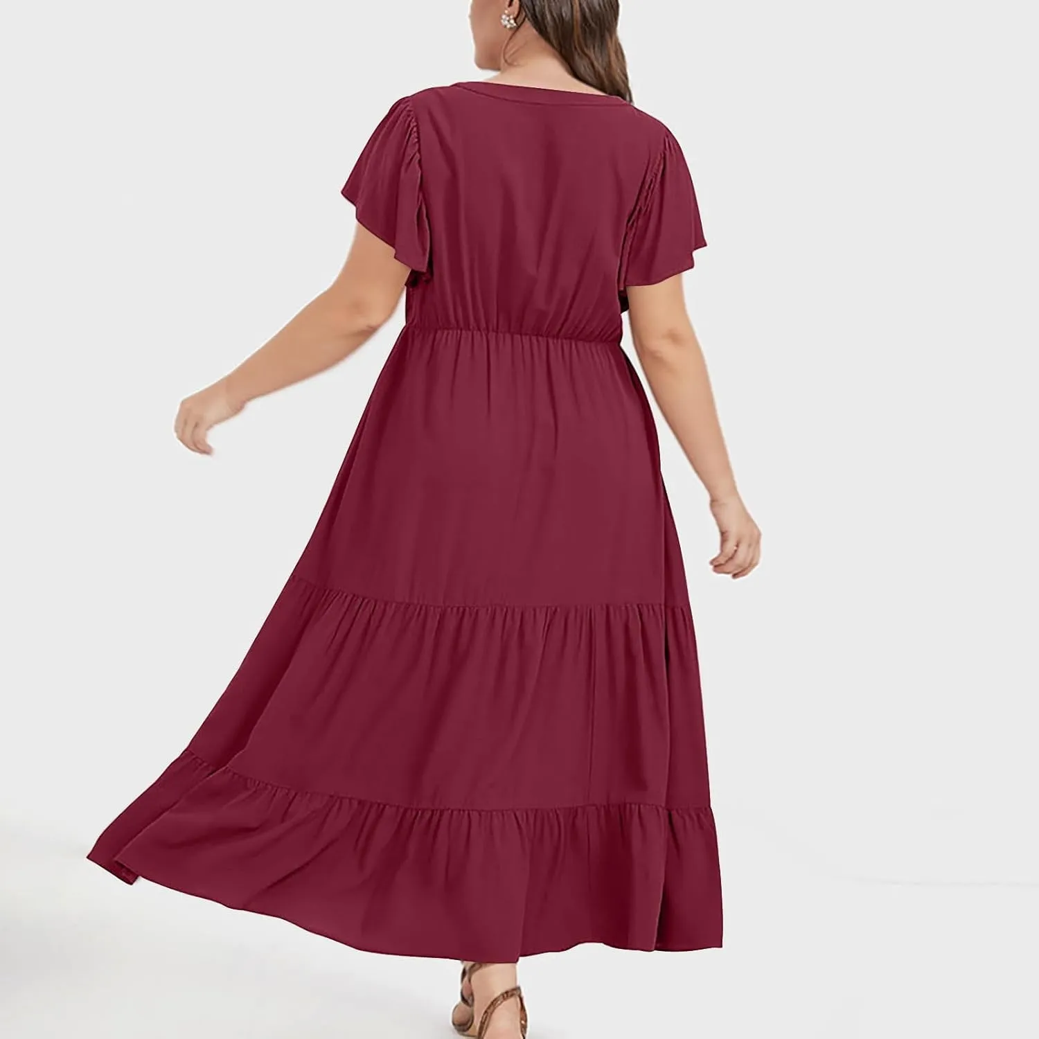 Womens Plus Size Dress V Neck Smocked Elastic Waist Short Sleeve Mini Dress Flutter Short Sundress