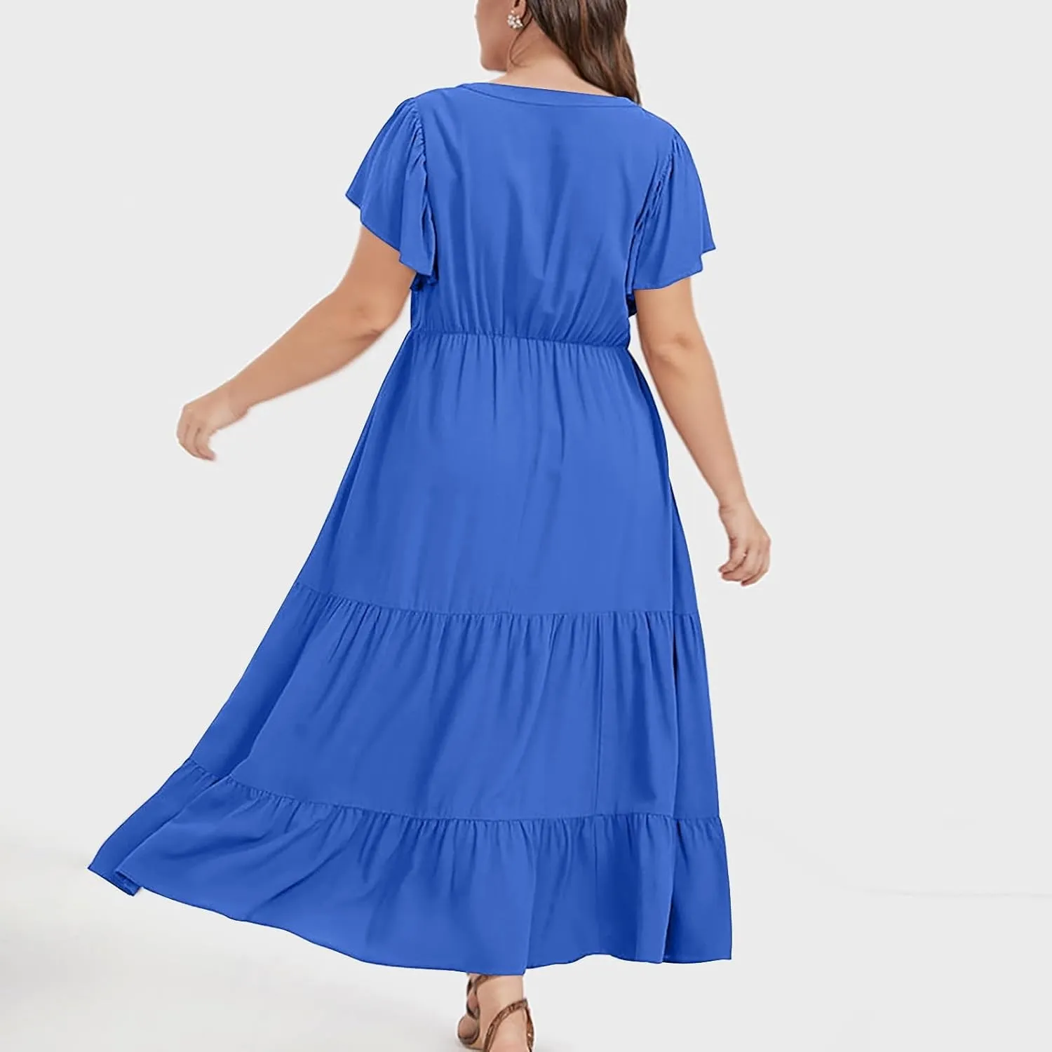 Womens Plus Size Dress V Neck Smocked Elastic Waist Short Sleeve Mini Dress Flutter Short Sundress