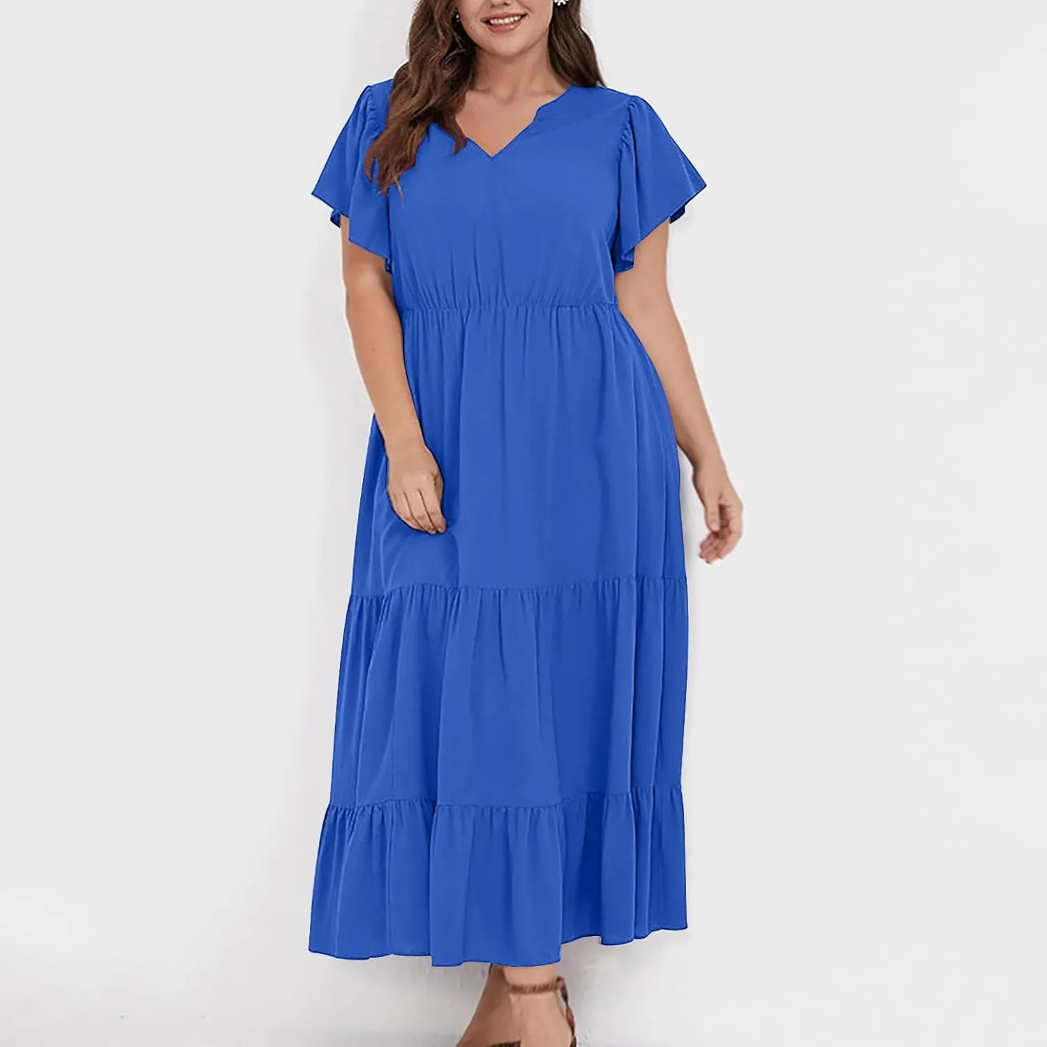 Womens Plus Size Dress V Neck Smocked Elastic Waist Short Sleeve Mini Dress Flutter Short Sundress