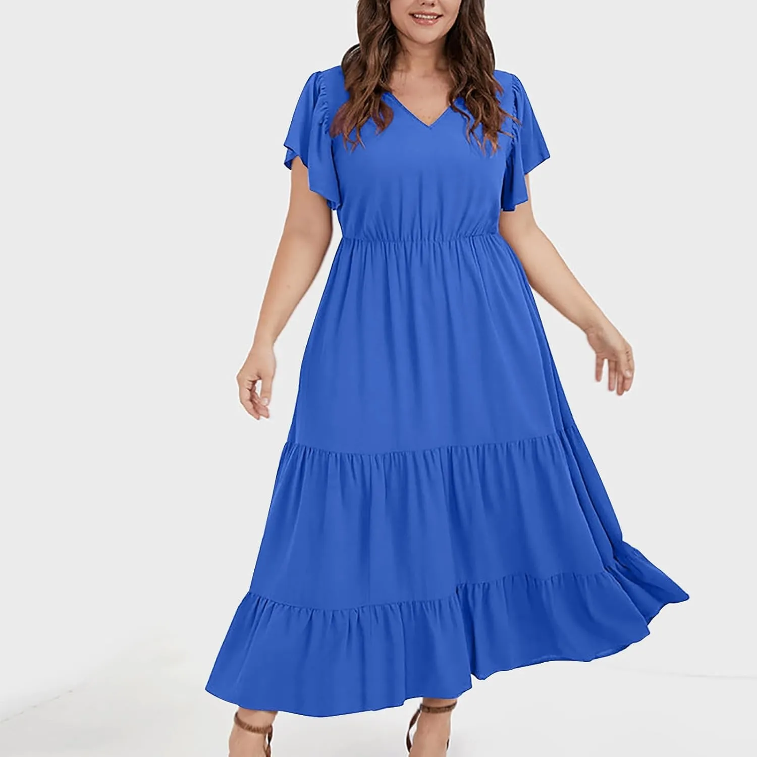 Womens Plus Size Dress V Neck Smocked Elastic Waist Short Sleeve Mini Dress Flutter Short Sundress
