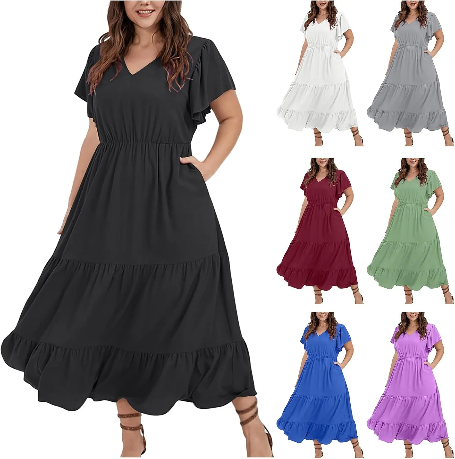 Womens Plus Size Dress V Neck Smocked Elastic Waist Short Sleeve Mini Dress Flutter Short Sundress