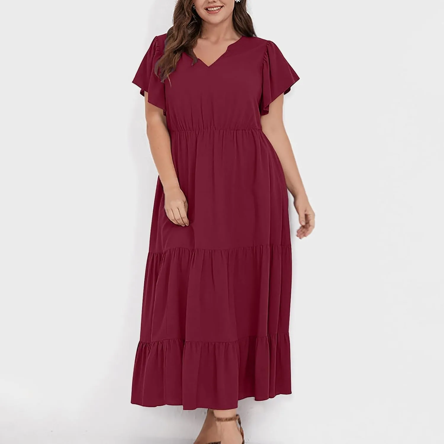 Womens Plus Size Dress V Neck Smocked Elastic Waist Short Sleeve Mini Dress Flutter Short Sundress