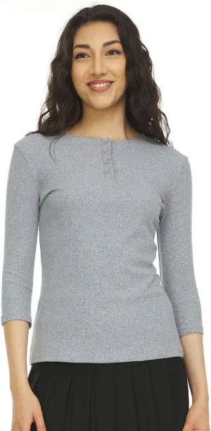 Womens Ribbed Cotton 3/4 Sleeve Work Casual Henley T-Shirt Top