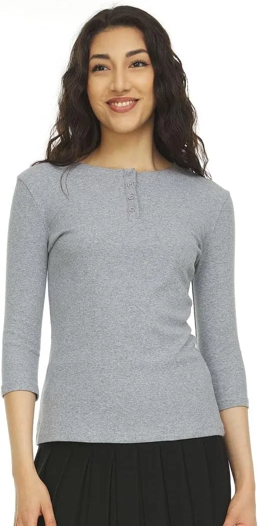 Womens Ribbed Cotton 3/4 Sleeve Work Casual Henley T-Shirt Top