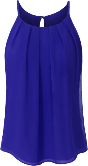 Women's Round Neck Pleated Double Layered Chiffon Cami Tank Top (S~3XL)