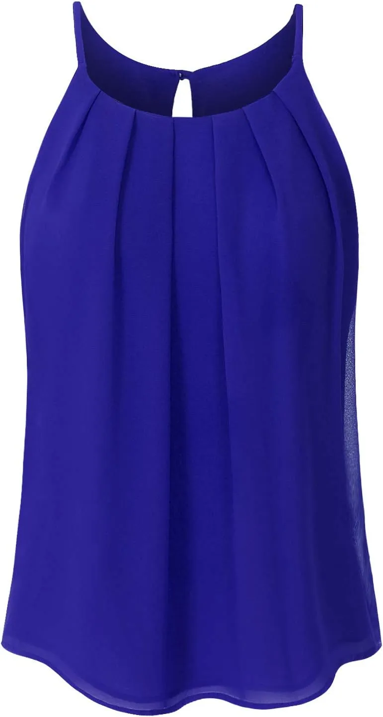 Women's Round Neck Pleated Double Layered Chiffon Cami Tank Top (S~3XL)