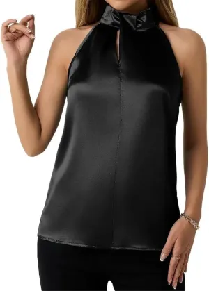 Women's Satin Halter Tank Spring Summer Casual Camisole Sleeveless Button Top