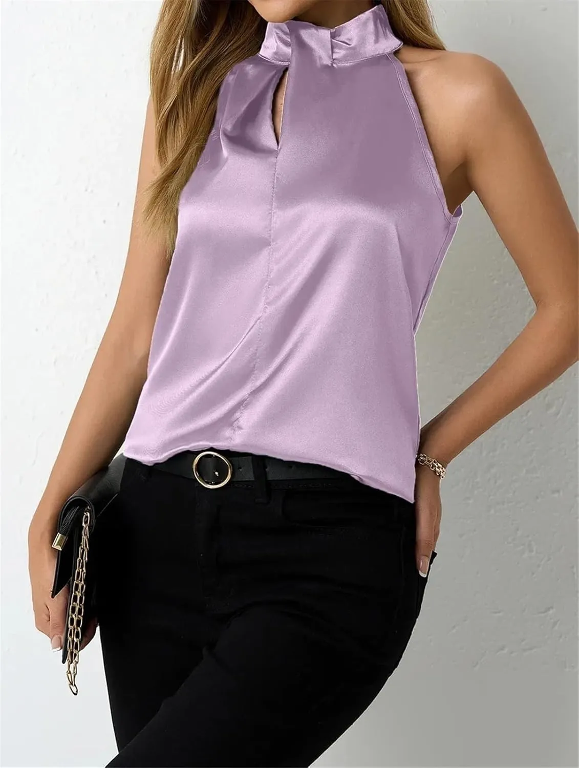 Women's Satin Halter Tank Spring Summer Casual Camisole Sleeveless Button Top