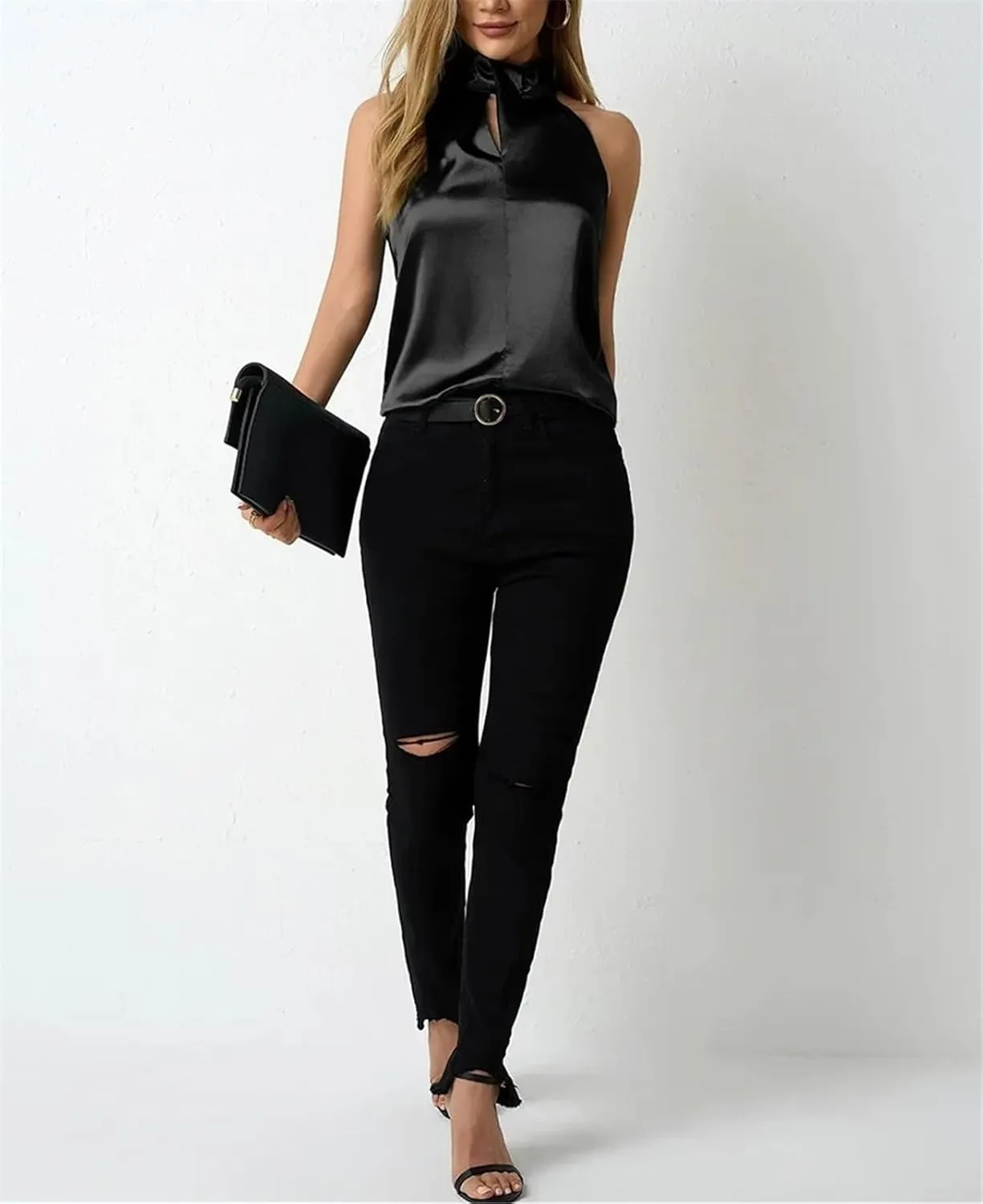 Women's Satin Halter Tank Spring Summer Casual Camisole Sleeveless Button Top