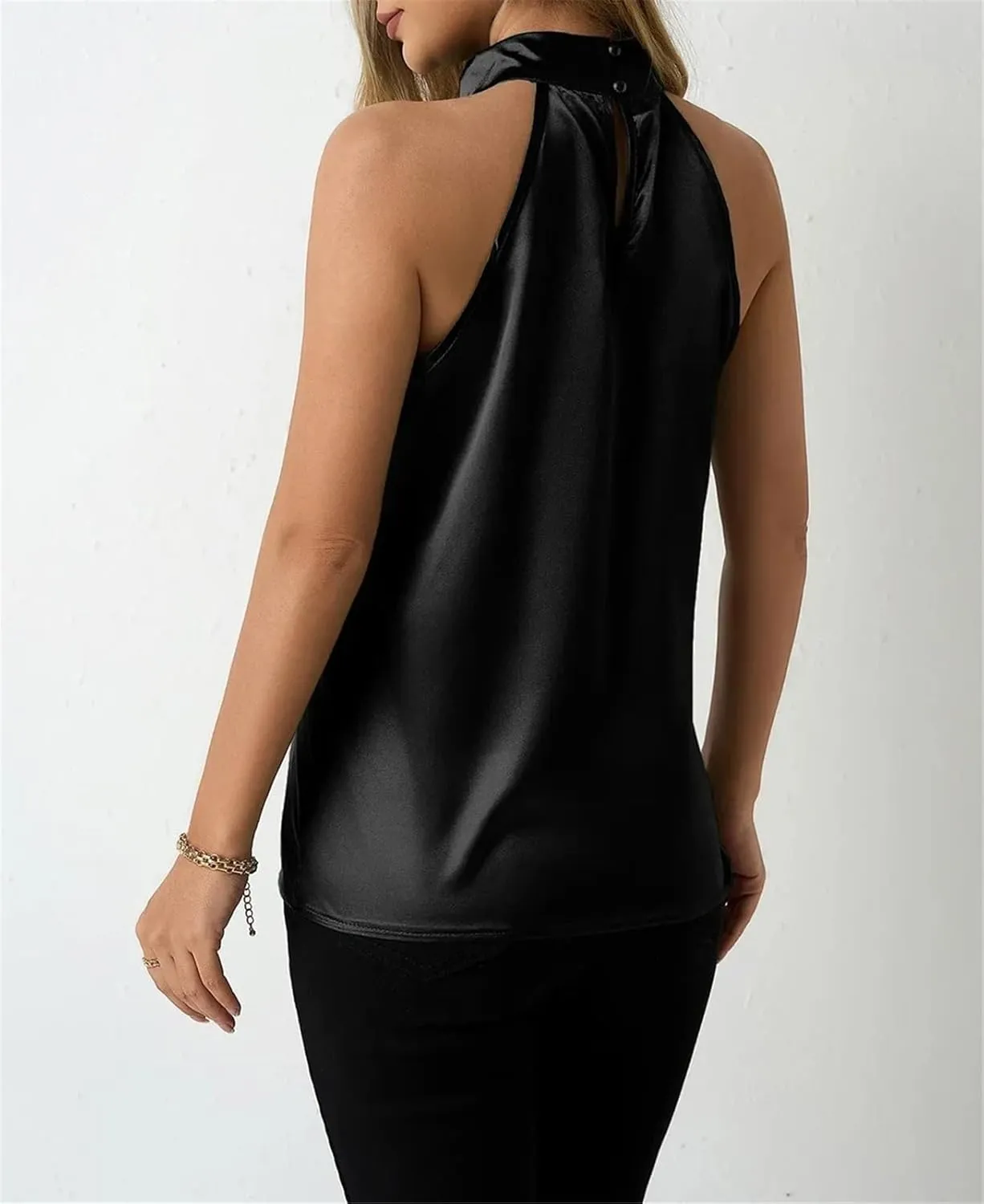Women's Satin Halter Tank Spring Summer Casual Camisole Sleeveless Button Top