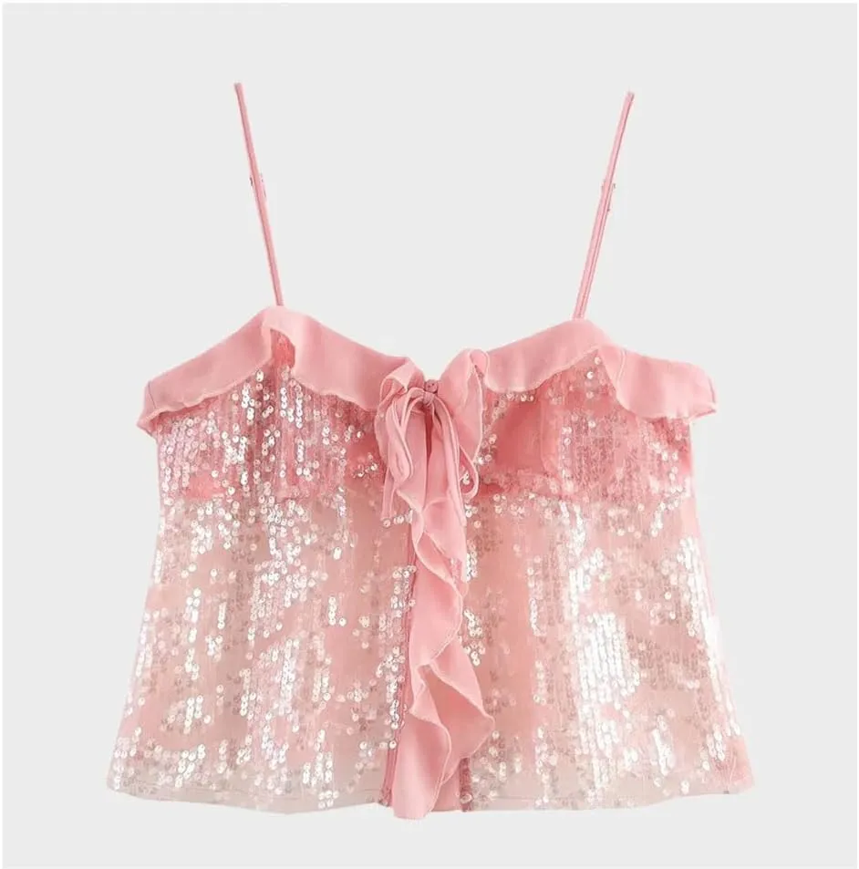 Women's Sequined Beach Tank Top - Spaghetti Strap Camisole for Summer Party Wear