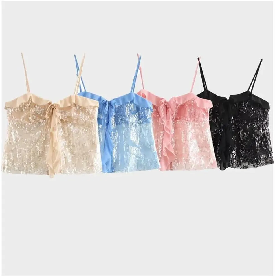 Women's Sequined Beach Tank Top - Spaghetti Strap Camisole for Summer Party Wear