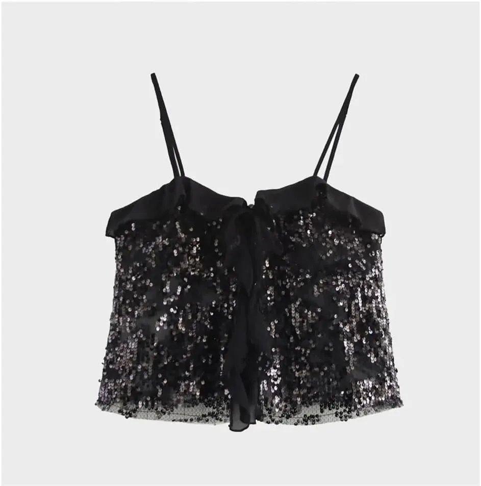 Women's Sequined Beach Tank Top - Spaghetti Strap Camisole for Summer Party Wear