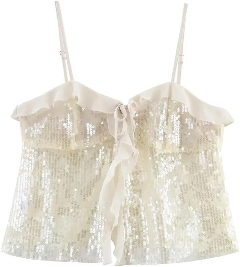 Women's Sequined Beach Tank Top - Spaghetti Strap Camisole for Summer Party Wear